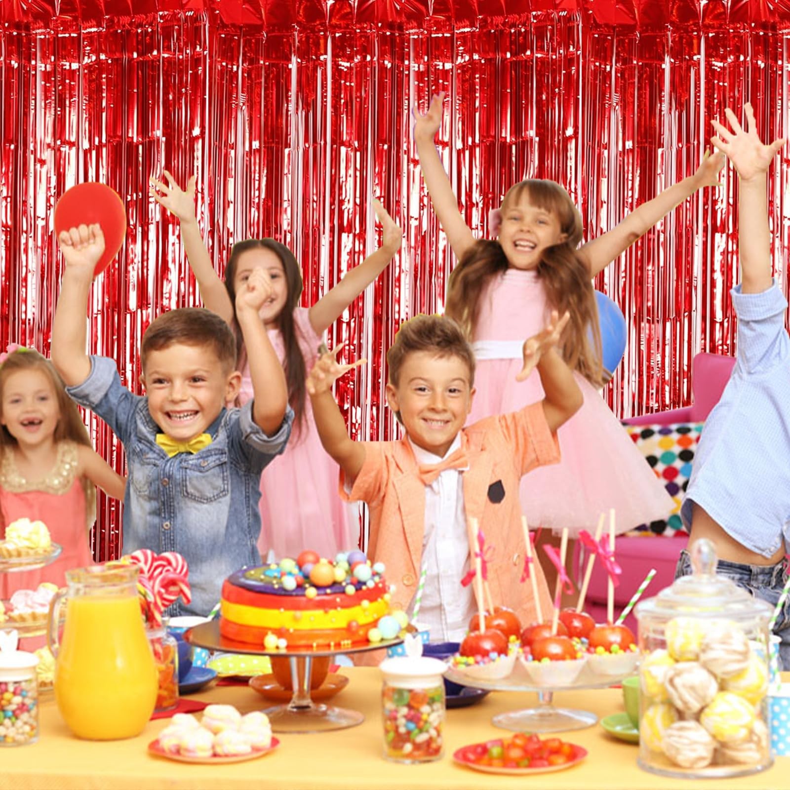 10 PCS Red Tinsel Foil Fringe Curtain Backdrop 3.2×9.8 Ft Photo Booth Decor