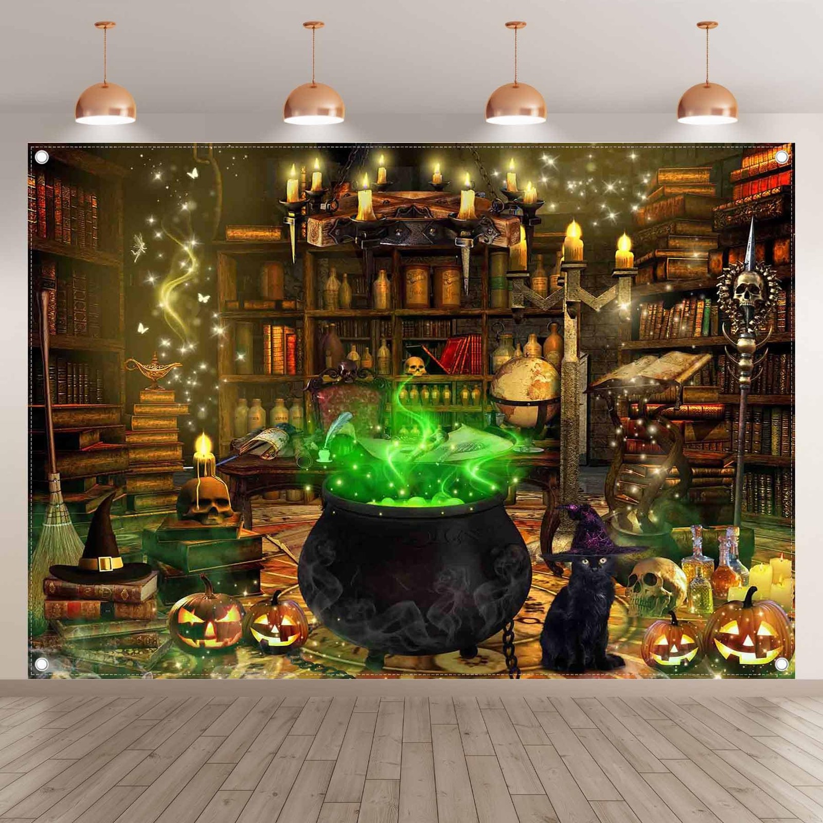 7x5ft Polyester Halloween Witch Photography Backdrop Magic Cauldron Bookshelf…