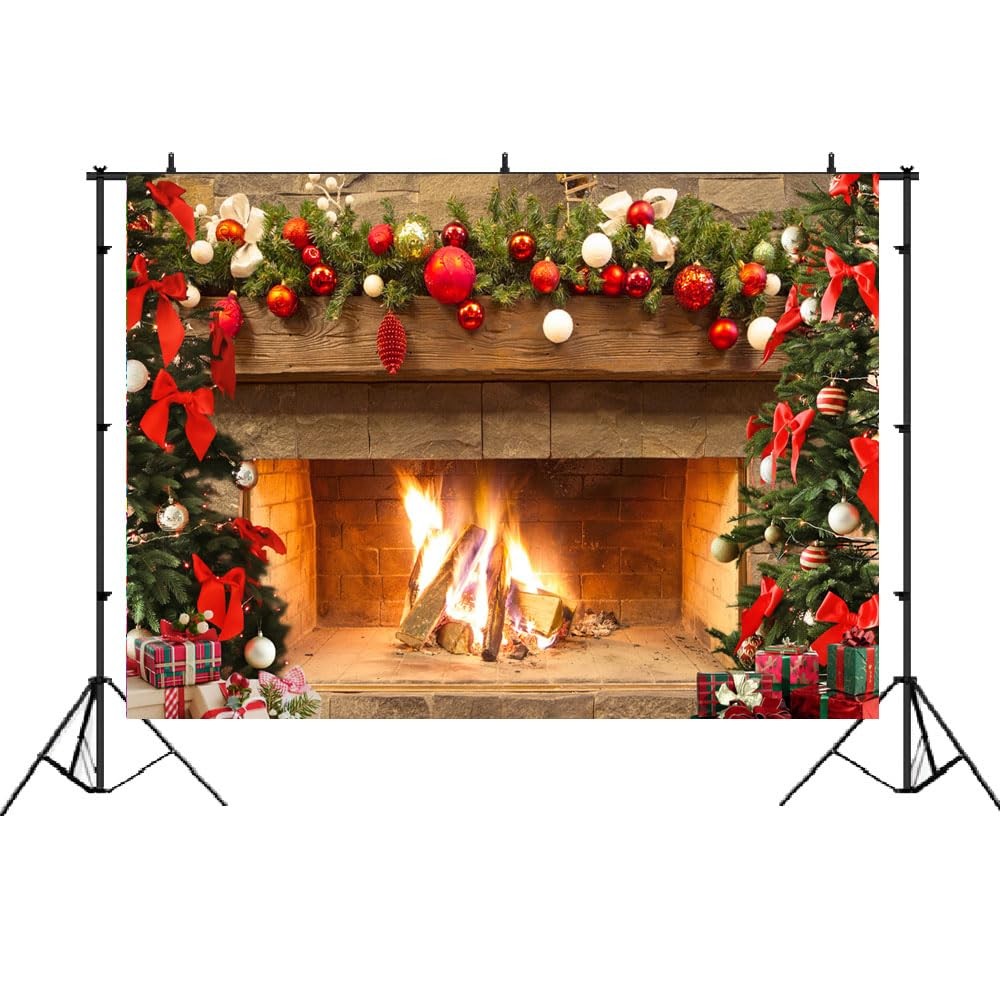 Lofaris Christmas Fireplace Backdrop Winter Xmas Tree Colorful 7x5ft, golden