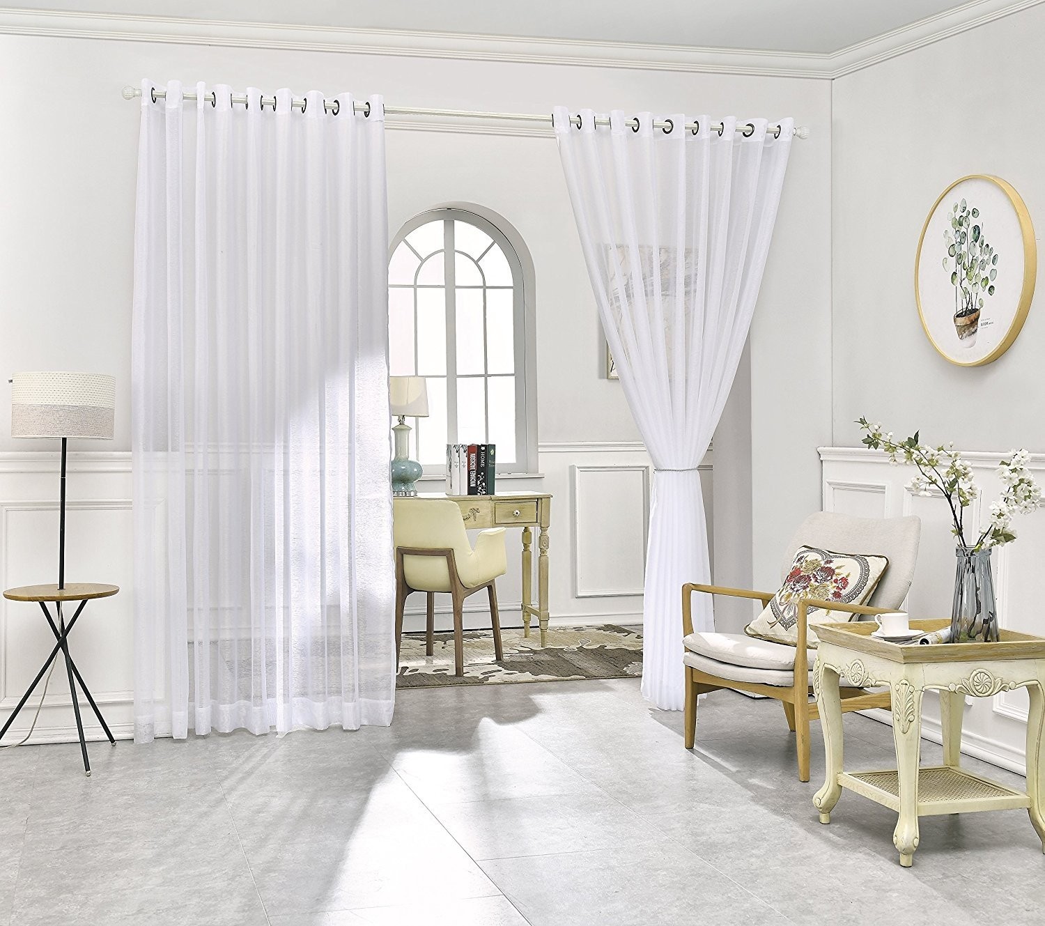 Sheer White Room Divider Curtains 108 x 100 Extra Large – Faux Linen for Bay