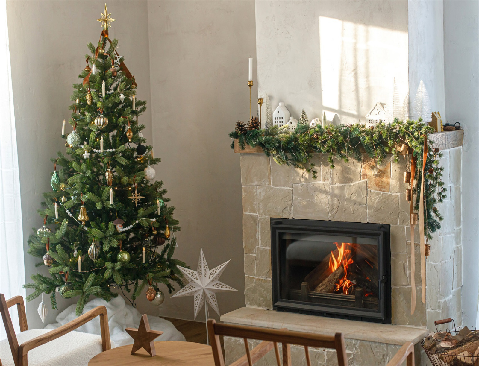 10x8ft Winter Fireplace Green Christmas Tree Vinyl Backdrop Photo Background