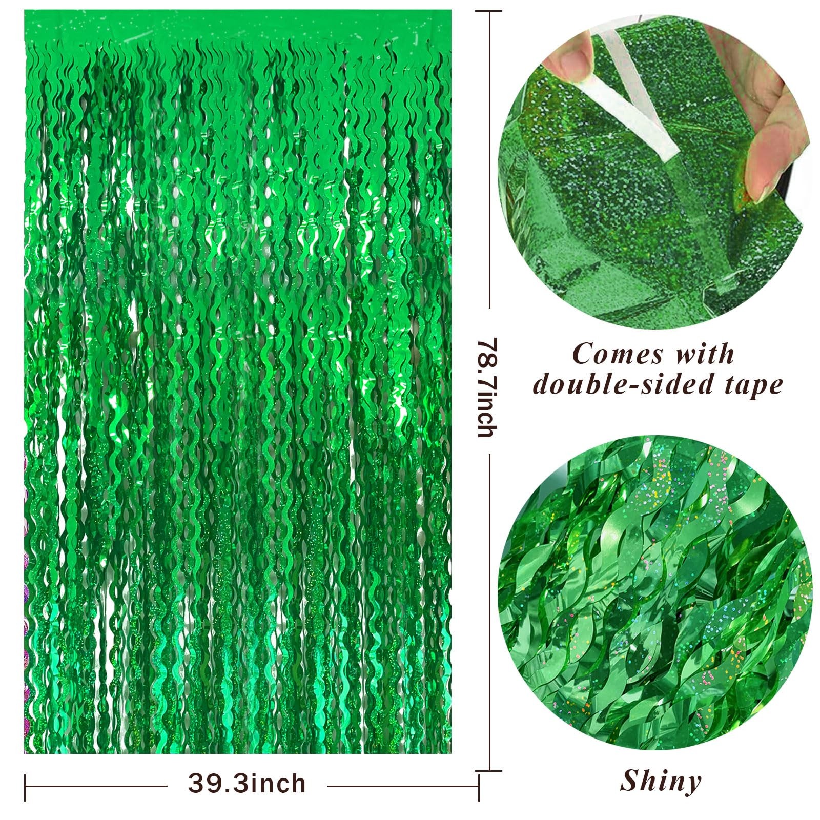 Green Tinsel Foil Fringe Curtains Wavy Backdrop for Party 2 Pack,
