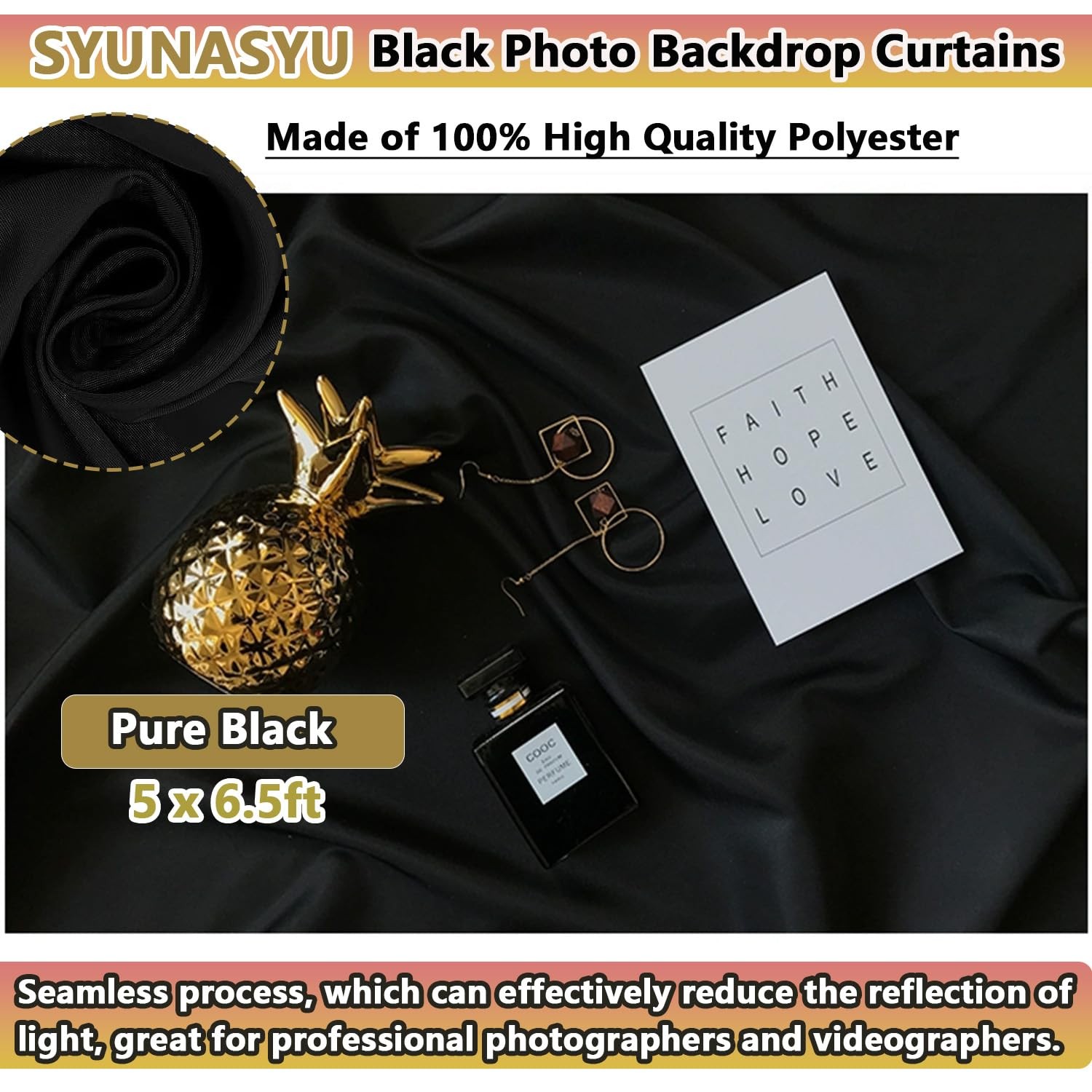 5×6.5ft Black Background for Photography, Durable Fabric Black Photo Backdrop…