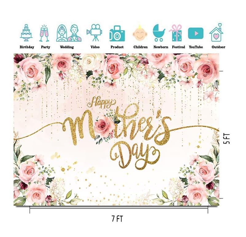 7x5ft Happy Mother’s Day Backdrop Pink Flowers Golden Mother’s Day Party Wall…