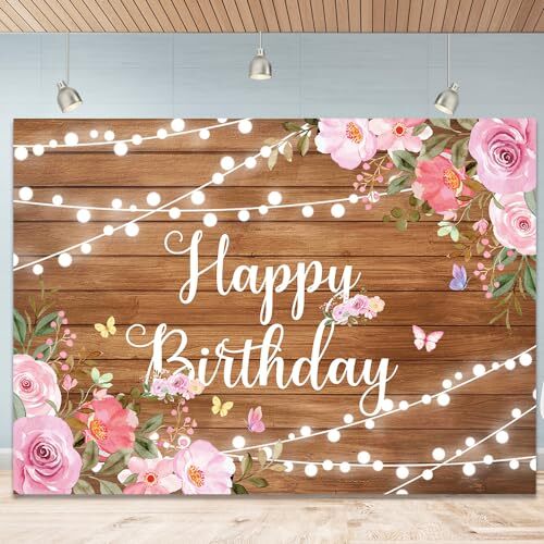 Happy Birthday Backdrop for Women Rustic Wooden Pink Floral Butterfly 7x5Ft S1