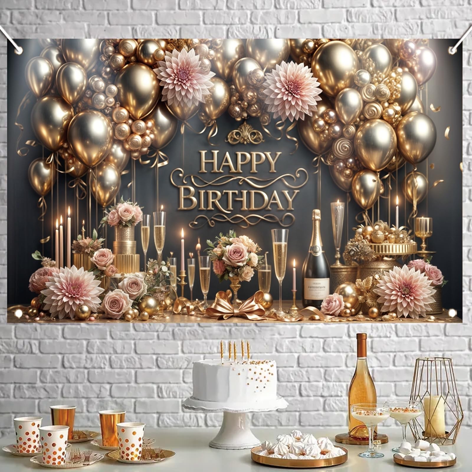 Starlit Patio Luxury Happy Birthday Backdrop Black Gold Party Decoration Elegant