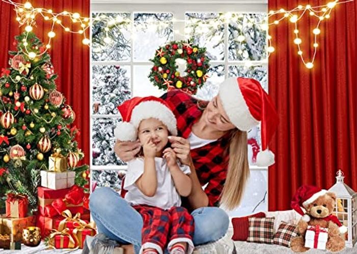 Red Window Background – 7x5FT Christmas Backdrop – Winter Snow – Snow Tree