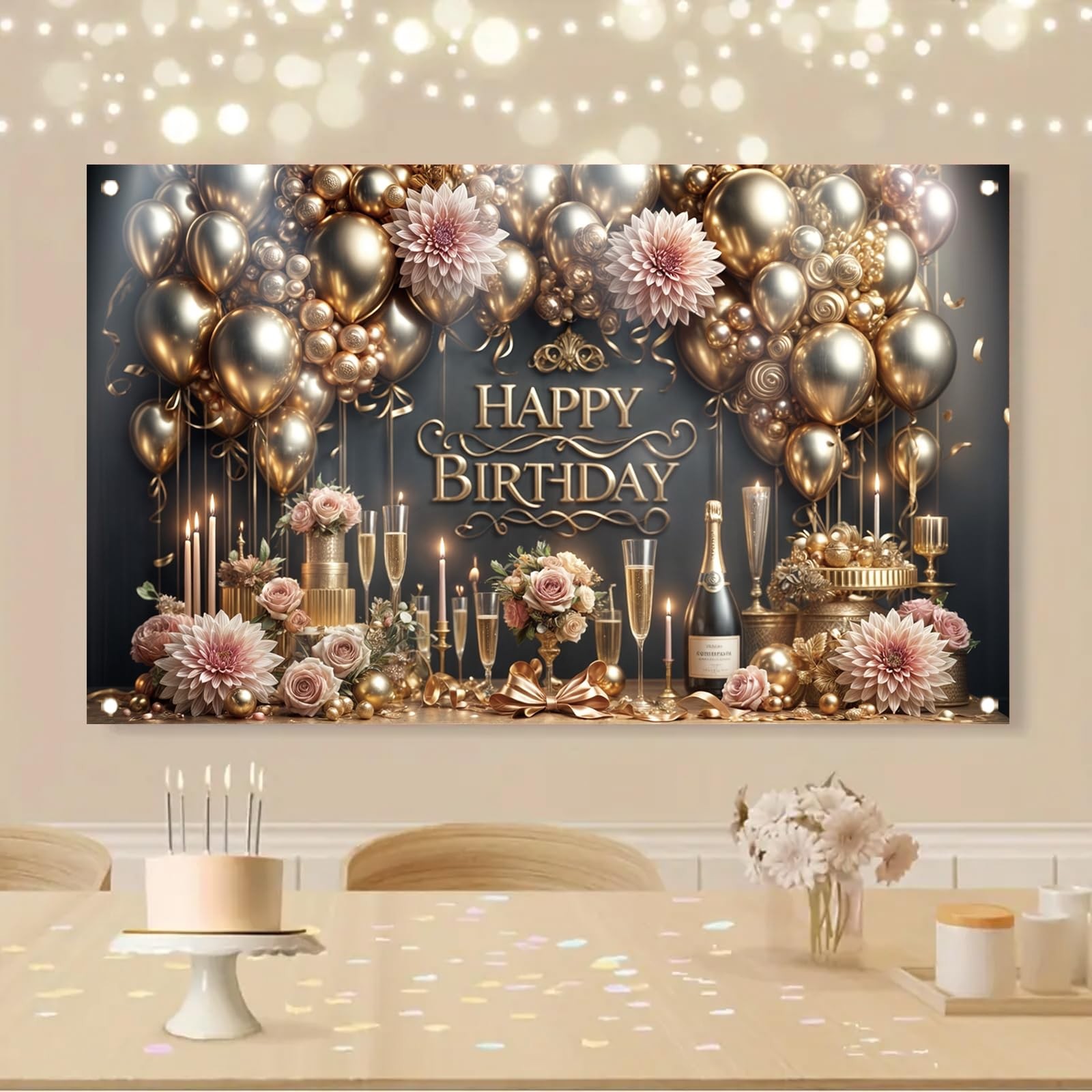 Starlit Patio Luxury Happy Birthday Backdrop Black Gold Party Decoration Elegant