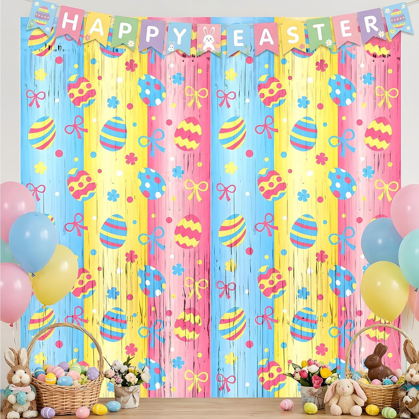 Yquqwn 2 Pack Easter Foil Fringe Curtain 3.3×6.6ft 3.25 ft x 6.5 ft,