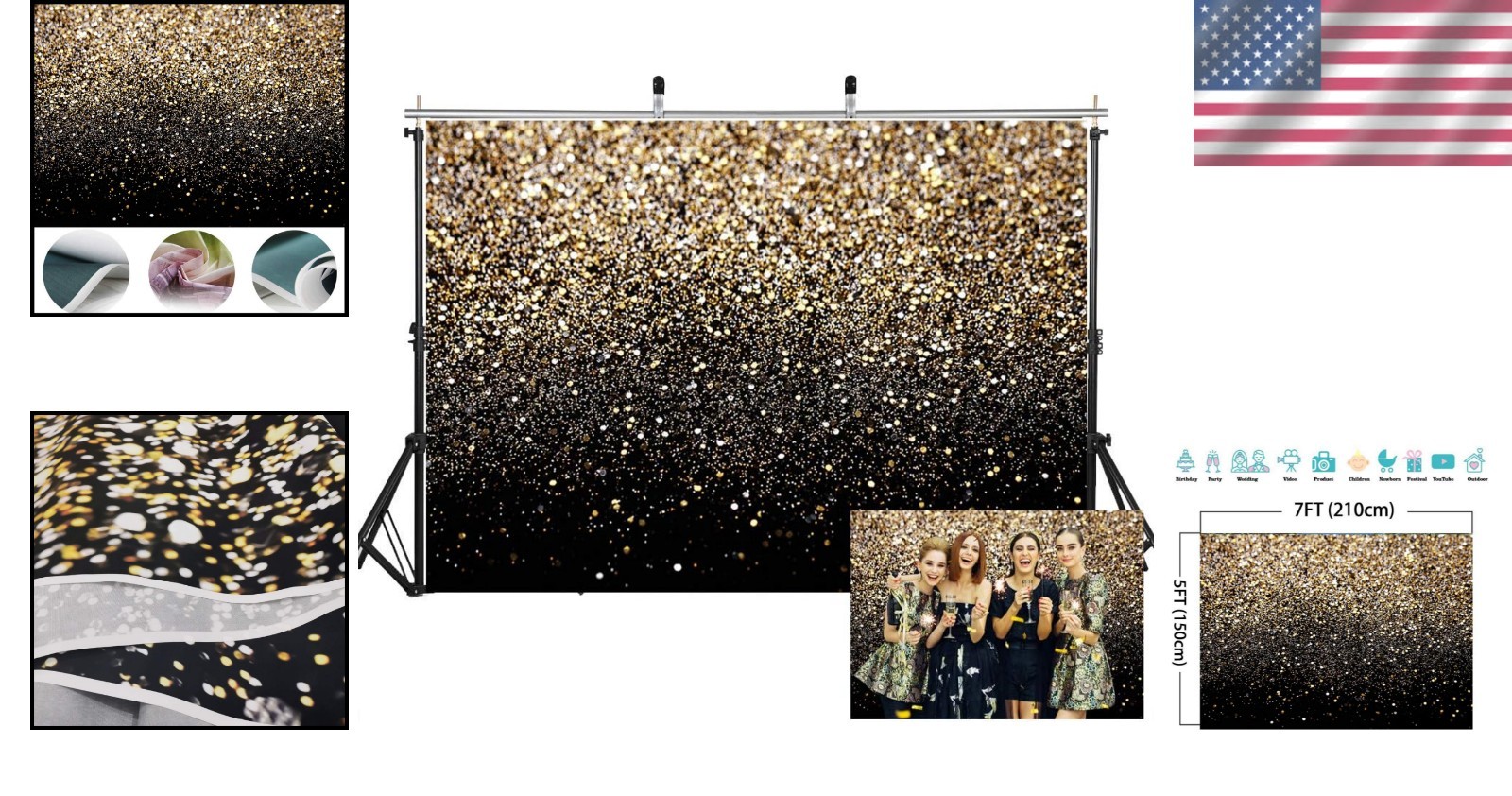 Chic Black and Gold Backdrop 7FTx5FT – Ideal for Parties and Studio Photography