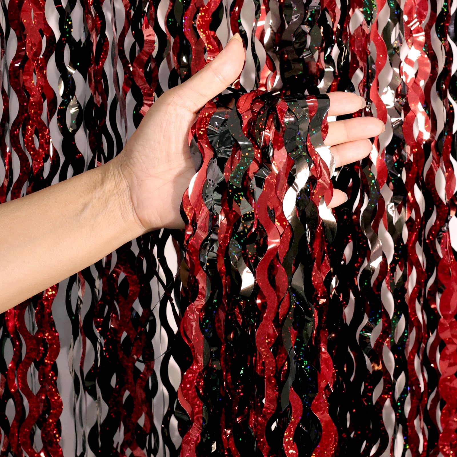 Red Black Foil Fringe Backdrop Curtains 4 PCS 3.3×6.6ft Wavy Tinsel Streamer