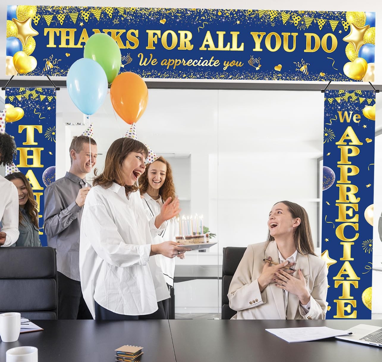 We Appreciate You Banner, 3 PCS Blue And Gold Thank You Banners For Appreciat…