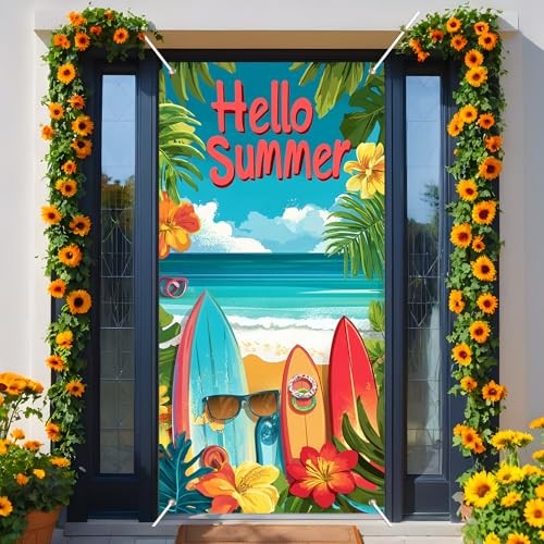 Hello Summer Beach Door Cover Backdrop – Vibrant, Blue, Green, Yellow