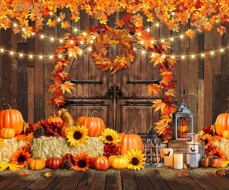 Fall Harvest Backdrop Fabric Wood Barn Thanksgiving Party Pumpkin 10×8 Ft