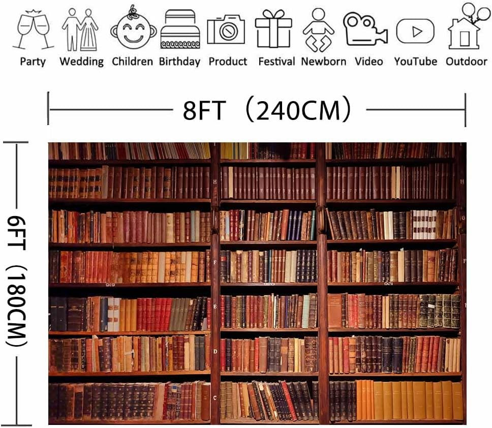 Bookshelf Retro Photography Backdrop, 8X6Ft, Library Read College Themed Party B