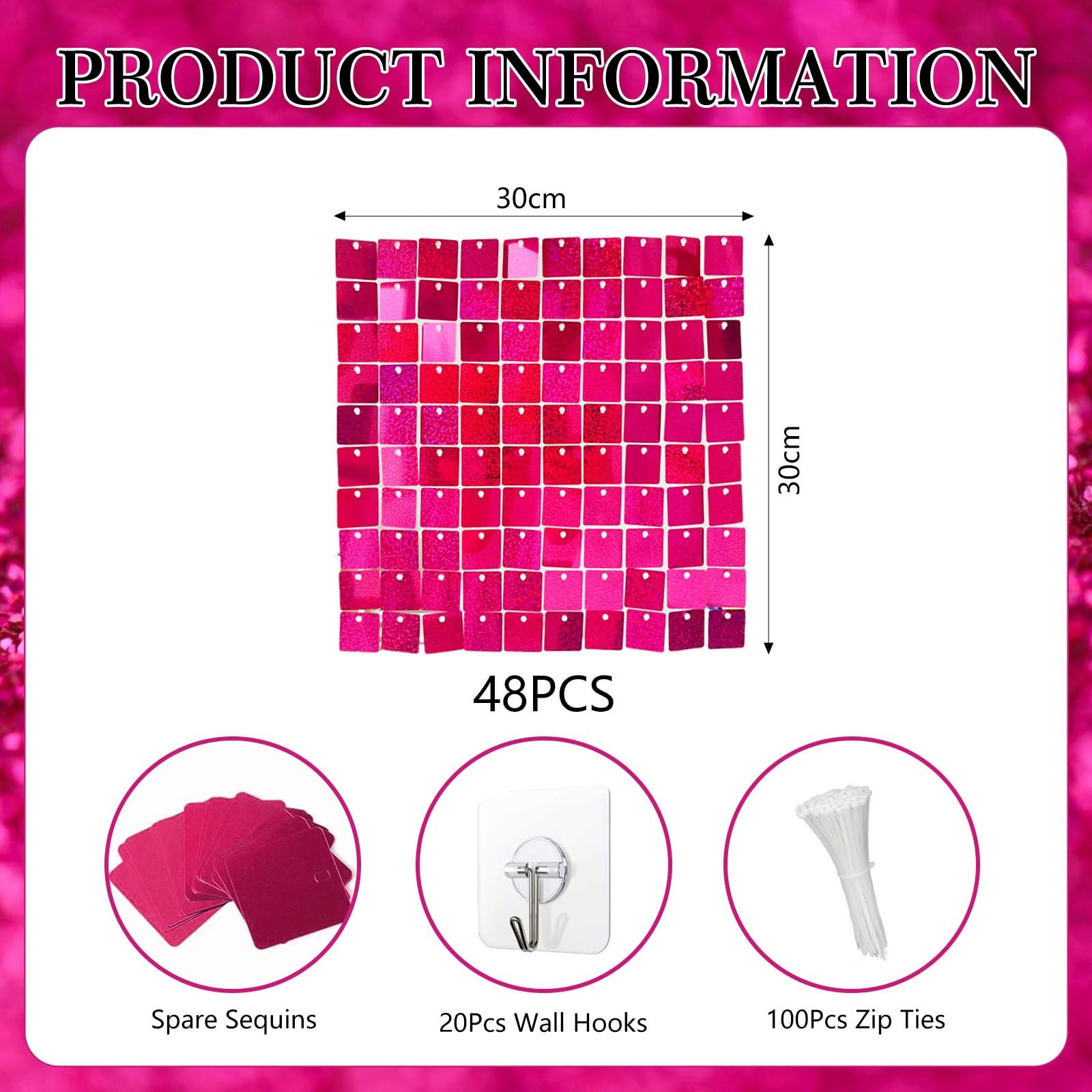 48 PCS Hot Pink Shimmer Wall Backdrop, Laser Square Sequin