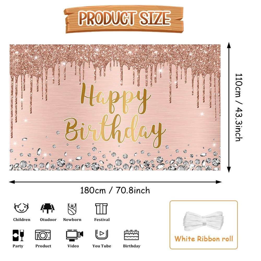 Happy Birthday Backdrop 5.9×3.6ft Pink Rose Gold Glitter Photography Decor