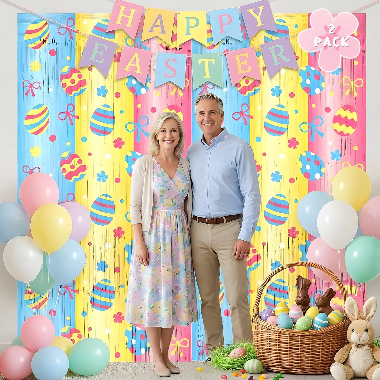 Yquqwn 2 Pack Easter Foil Fringe Curtain 3.3×6.6ft 3.25 ft x 6.5 ft,