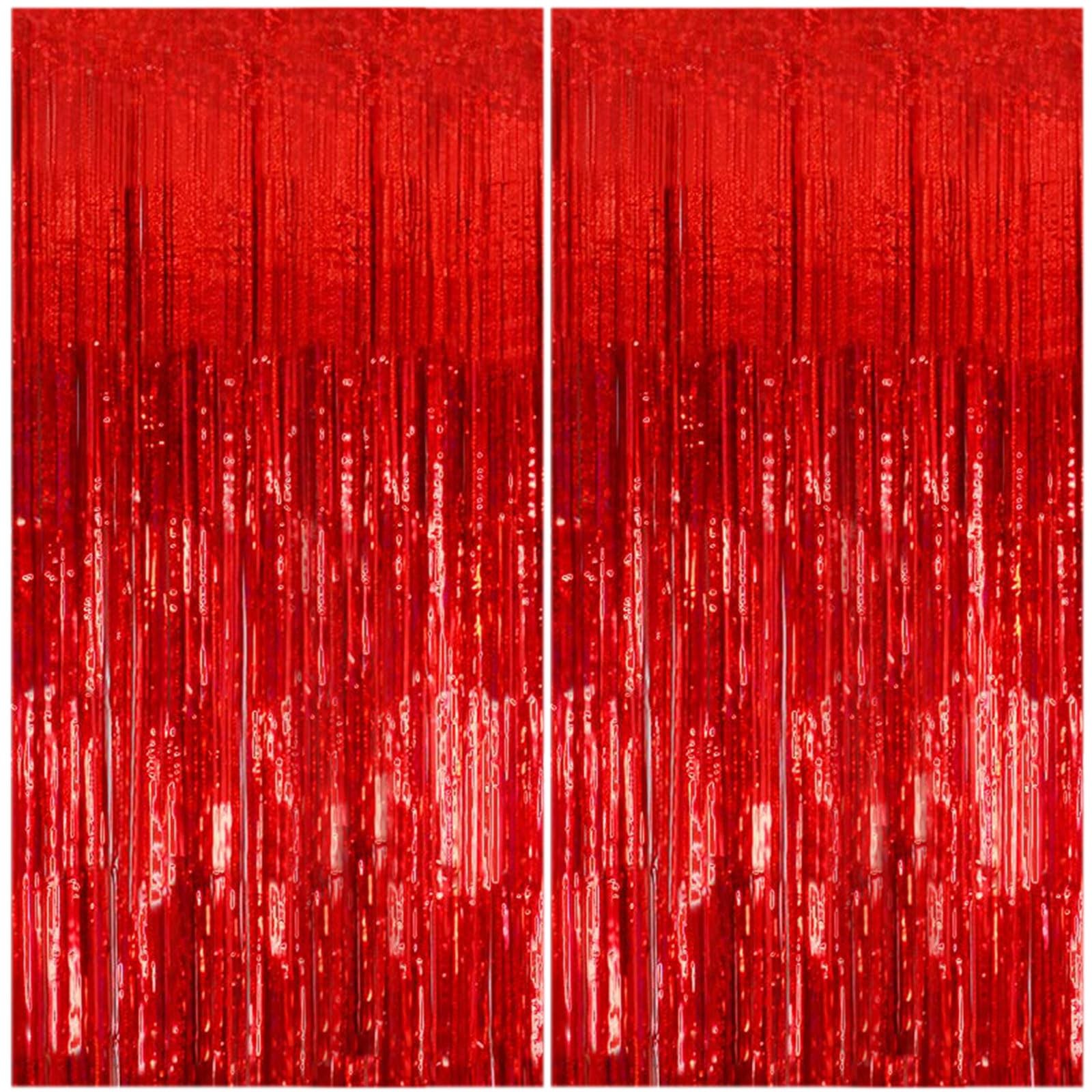 2 Pack Foil Curtain Backdrop Red Metallic Tinsel Fringe 2 PCS,