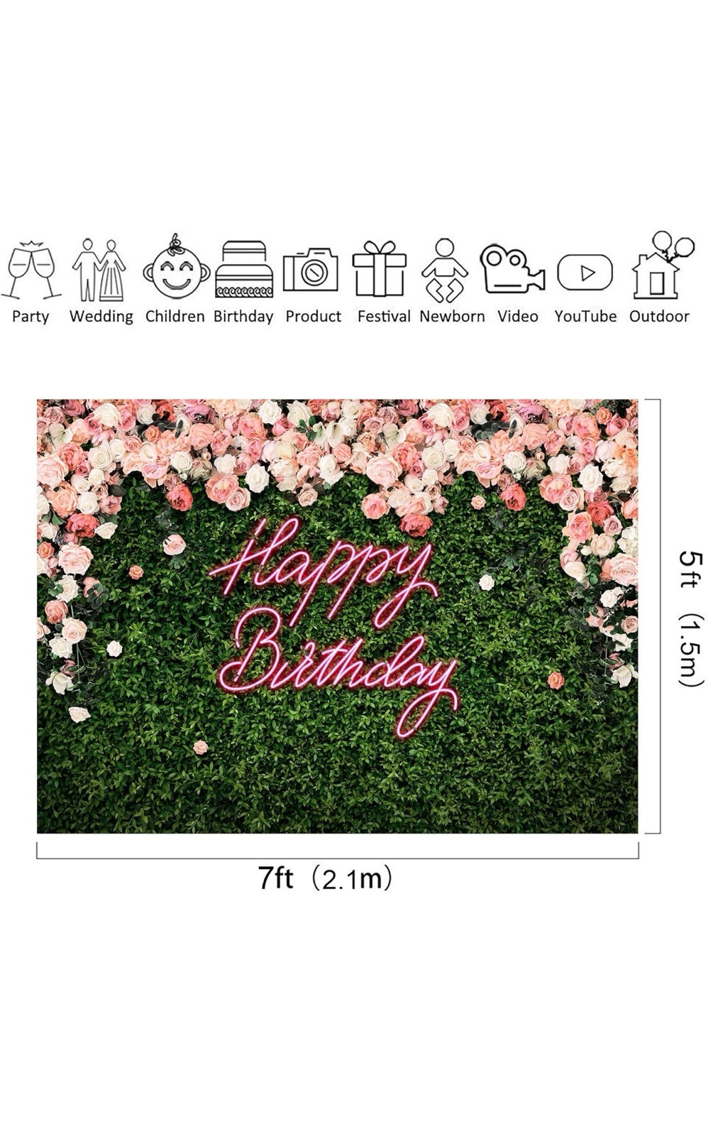 Happy Birthday Backdrop for Women Neon Flower 7Wx5H A-Birthday （Green Rose）
