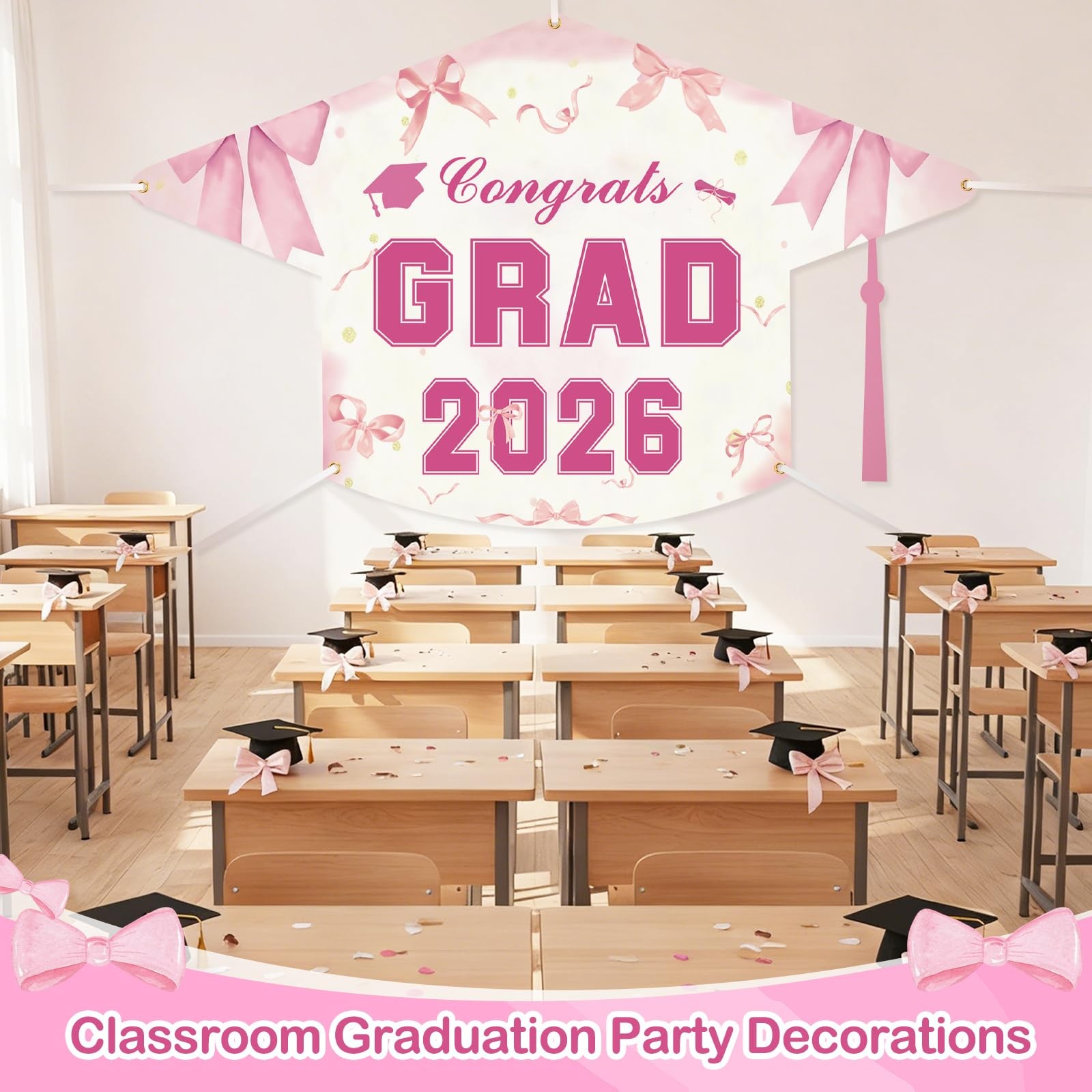 Pink Pink Graduation Decorations Class of 2026 Coquette Bow Congrats Grad Backdr