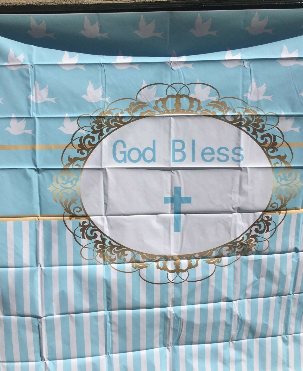 6x6ft Cross God Bless Infant Baptism Photography Background Pigeon Blue Stripes
