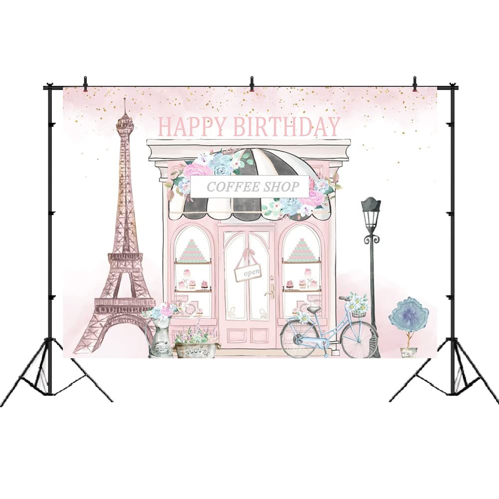 Birthday Backdrop 7x5ft Girls Pink Paris Eiffel Tower Party Photo Background