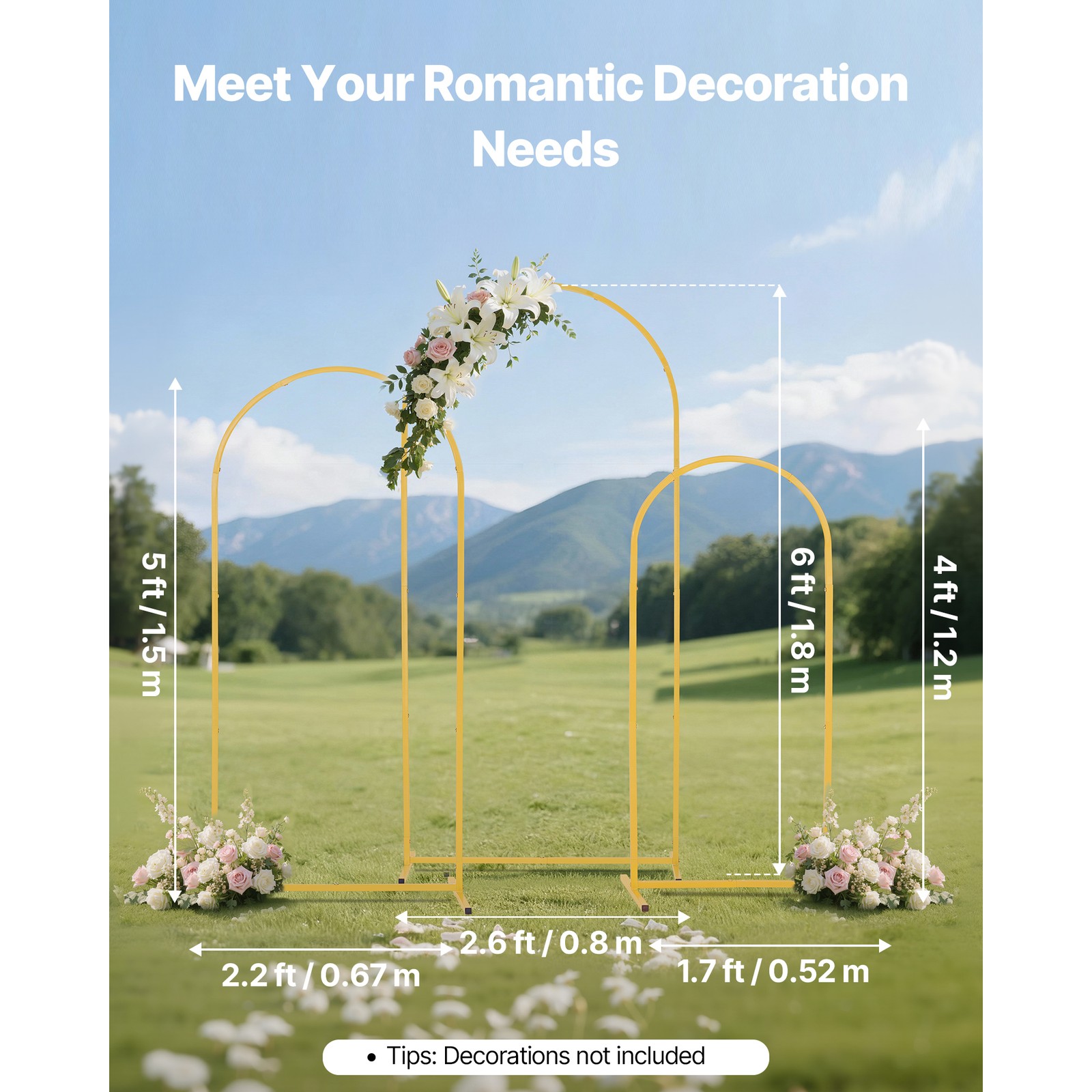 Gold Metal Arch Backdrop Stand Set of 3 (6/5/4 ft) for Wedding Party