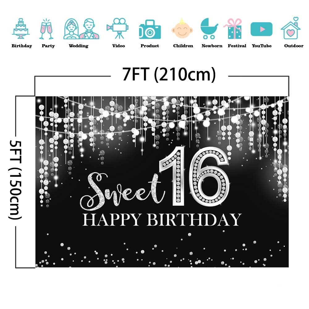 7x5ft Sweet 16 Birthday Backdrop Glitter Silver Girls Party Table Decoration