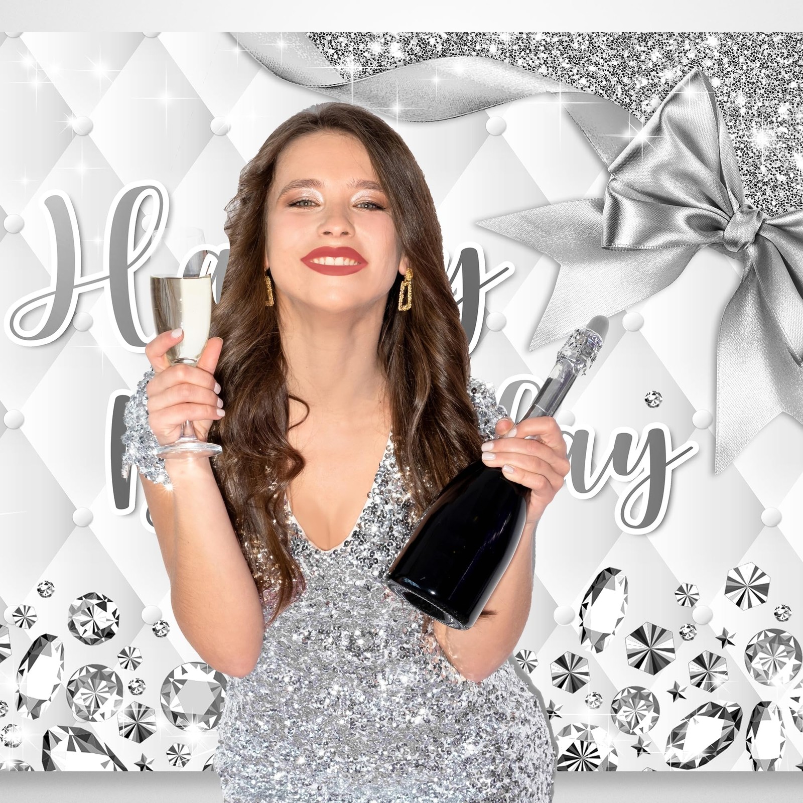 White and Silver Birthday Backdrop 7Wx5H Photography Happy Birthday Backdrop