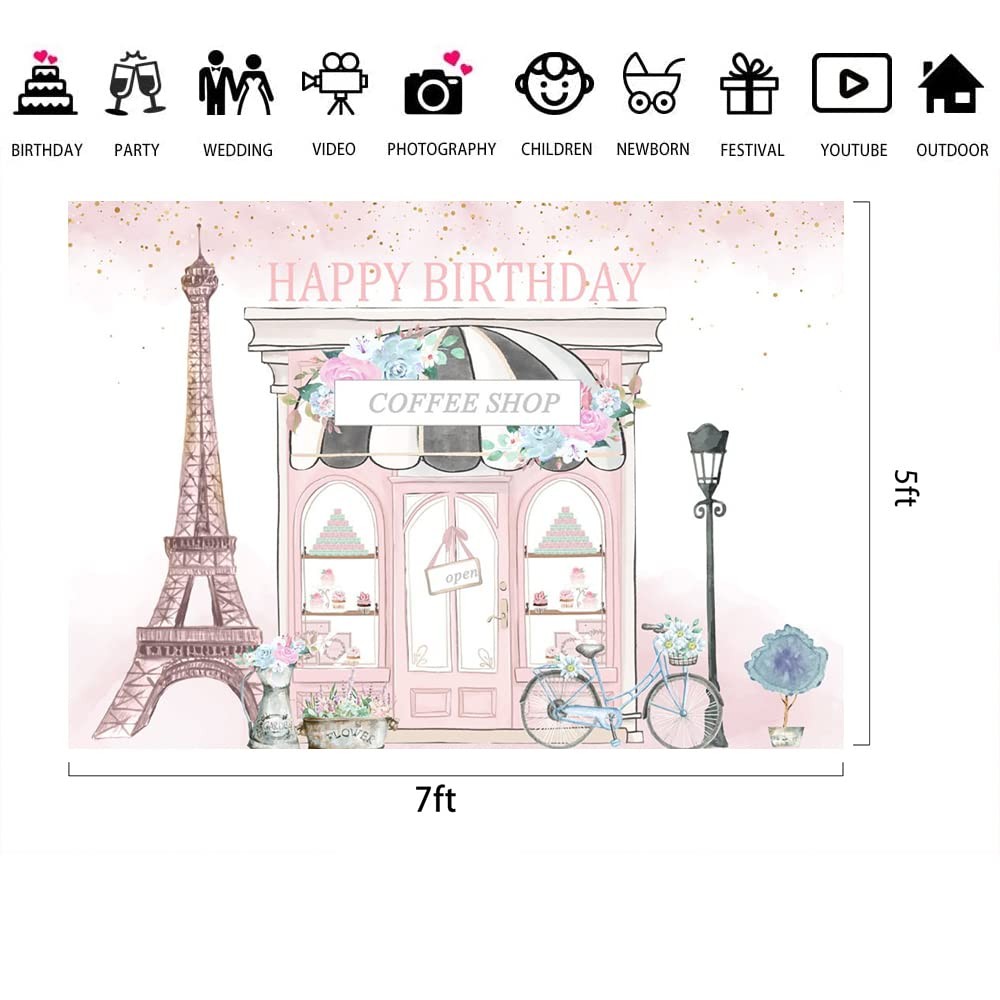 Birthday Backdrop 7x5ft Girls Pink Paris Eiffel Tower Party Photo Background