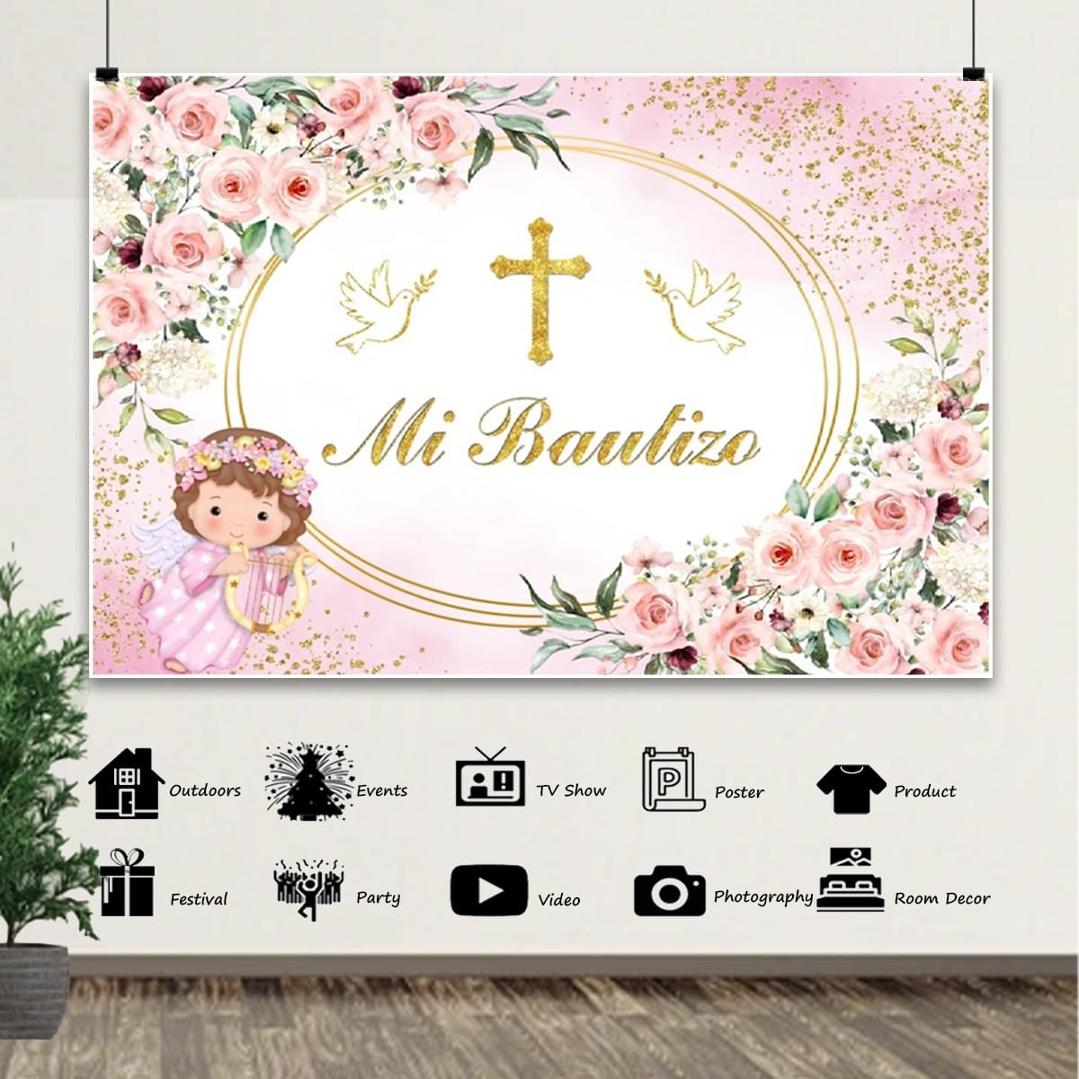 7x5ft Mi Bautizo Baptism Backdrop God Bless First Holy Communion Girls Cross