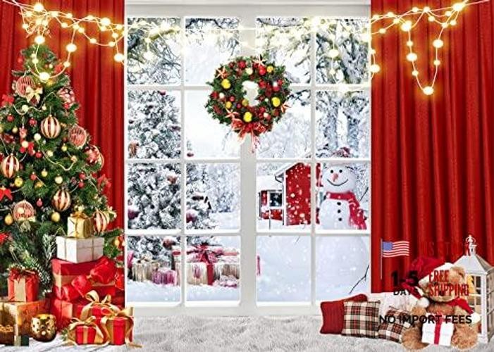 Red Window Background – 7x5FT Christmas Backdrop – Winter Snow – Snow Tree
