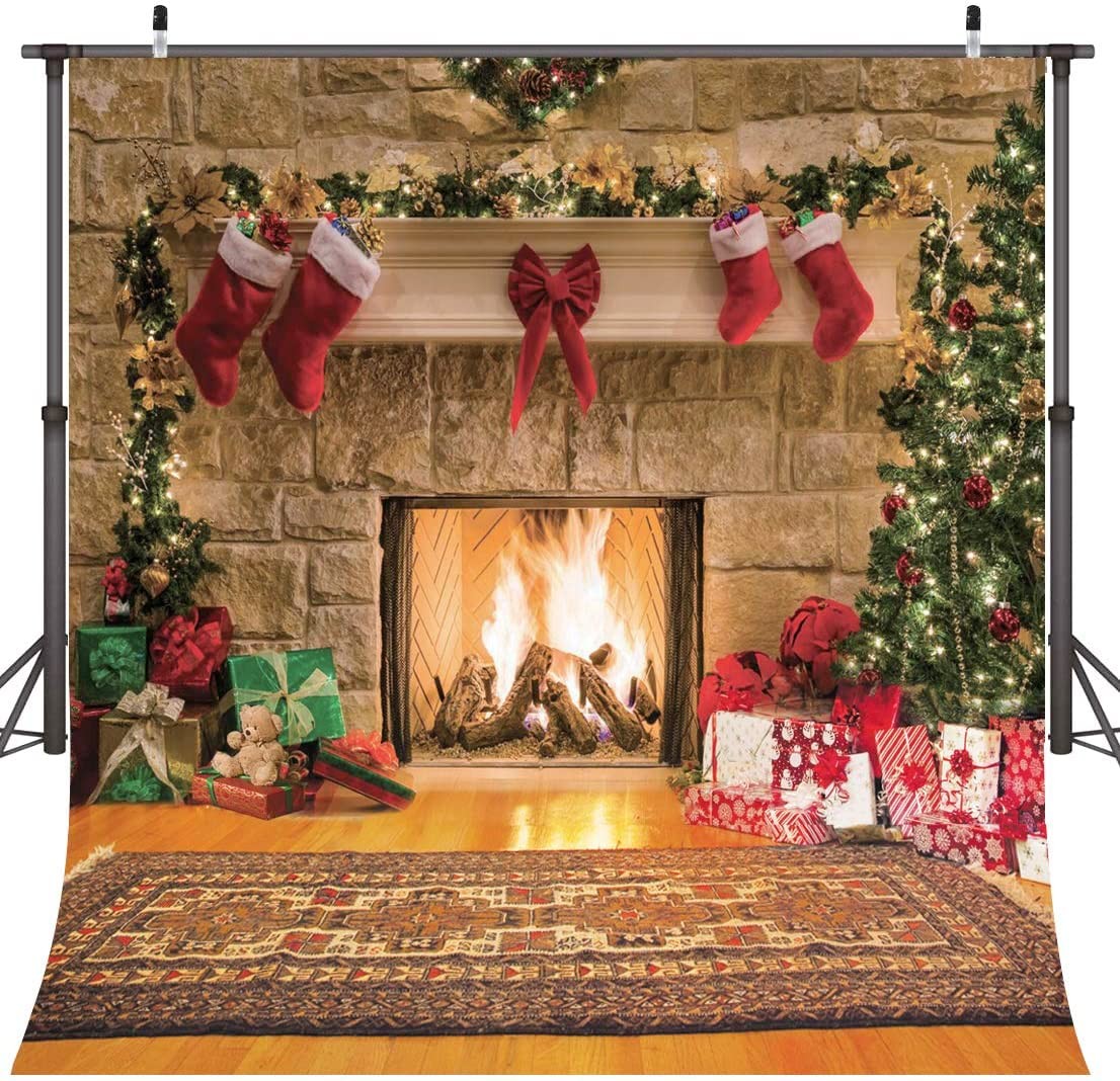 10x10ft Christmas Backdrops Christmas Fireplace Theme Backdrop Tree Sock Deco…