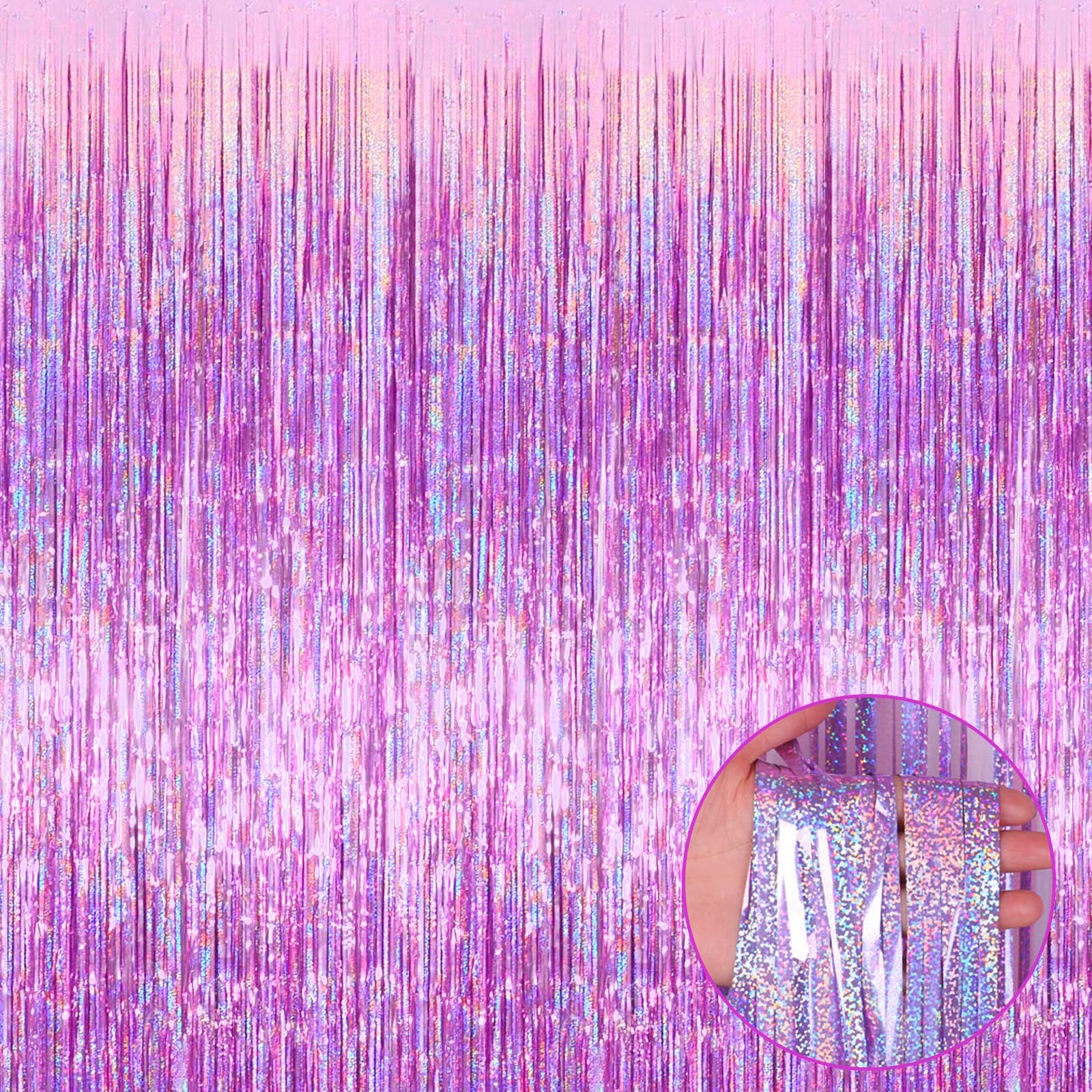 Pink Foil Fringe Curtain Backdrop 3.28×8.2 Ft Metallic Tinsel Streamer 4 PCS