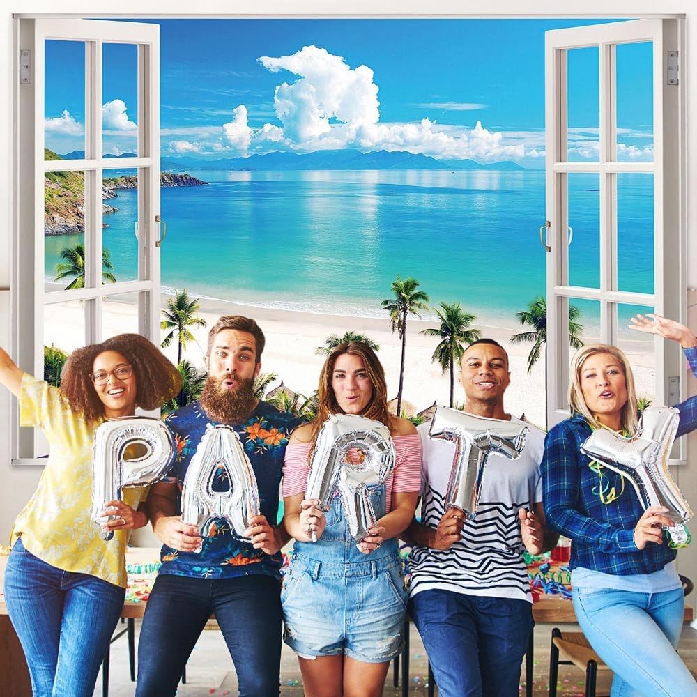 Summer Beach Window Backdrop, Hawaii Tropical Island Palm 5X3FT, Sky Blue