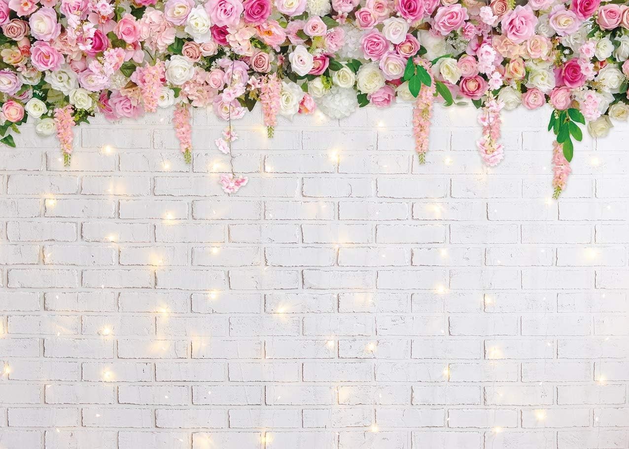 8x6FT Flower Wall Backdrop Glitter White Brick Spring Theme Photo Booth Prop