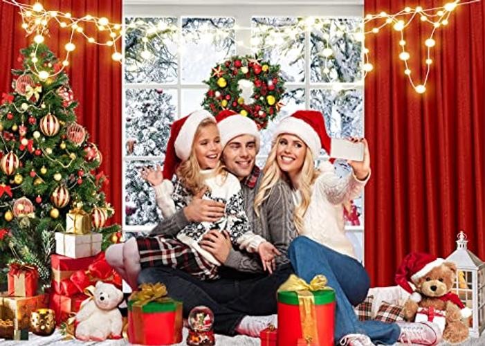 Red Window Background – 7x5FT Christmas Backdrop – Winter Snow – Snow Tree