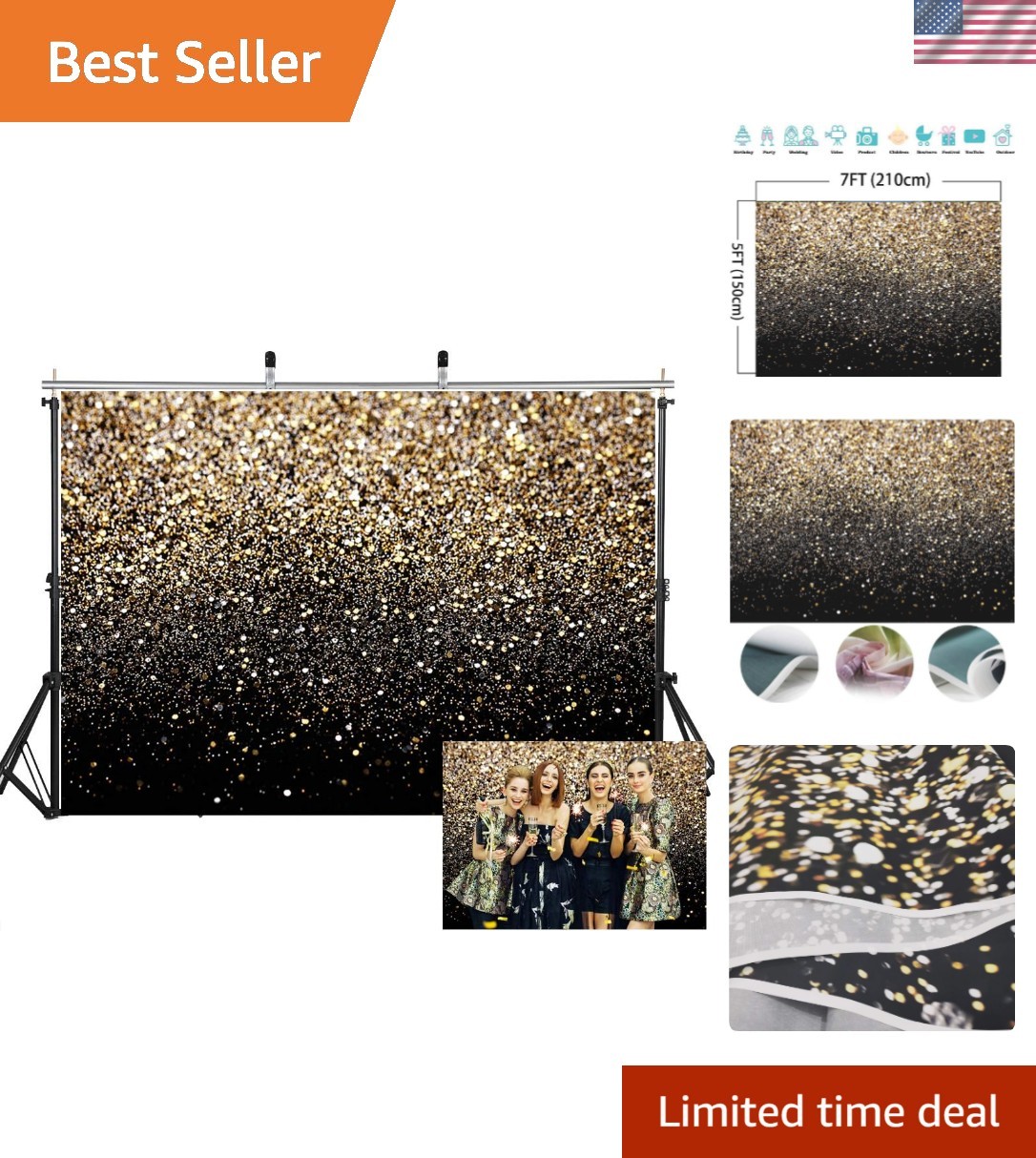 Chic Black and Gold Backdrop 7FTx5FT – Ideal for Parties and Studio Photography