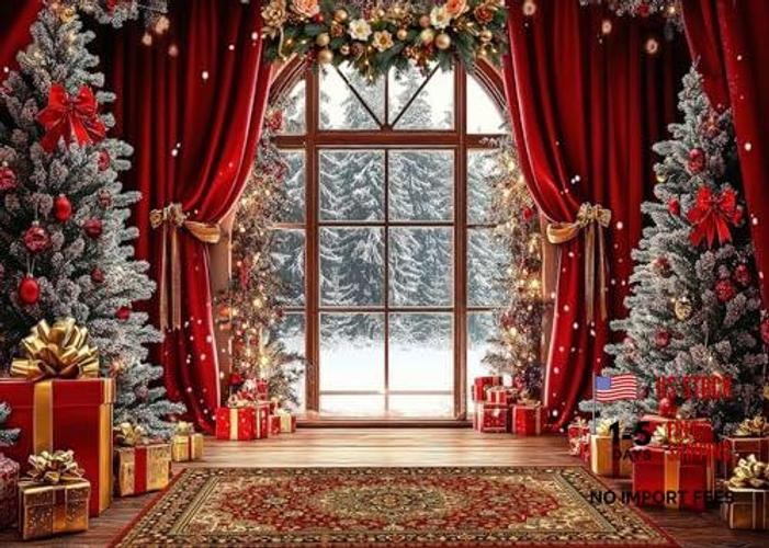 Red Window Background – 7x5FT Christmas Backdrop – Winter Snow – Snow Tree