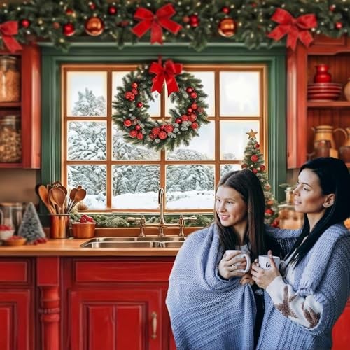 Red Retro Kitchen Backdrop – 7x5ft Retro Cabinets – Winter Kitchen Photography