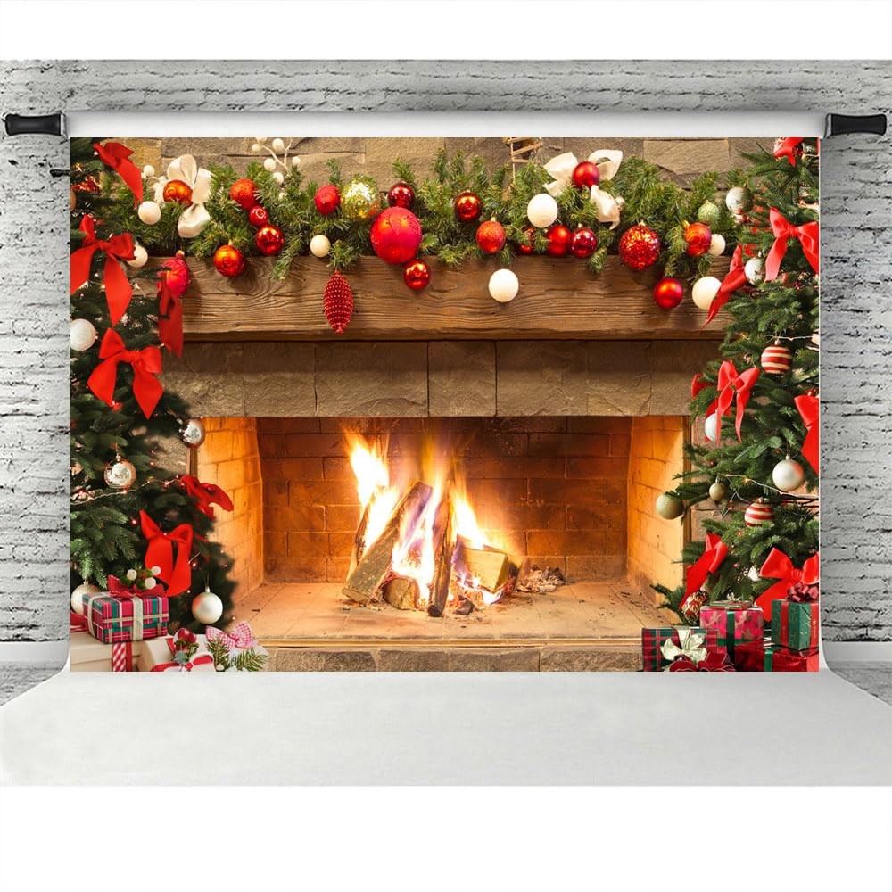 Lofaris Christmas Fireplace Backdrop Winter Xmas Tree Colorful 7x5ft, golden
