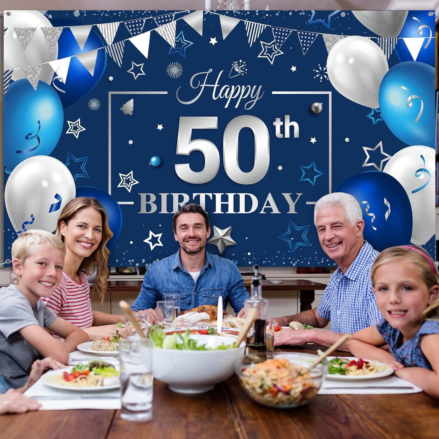 Tatuo Happy Birthday Party Decorations Navy Blue and 180 x 150 cm, 50th