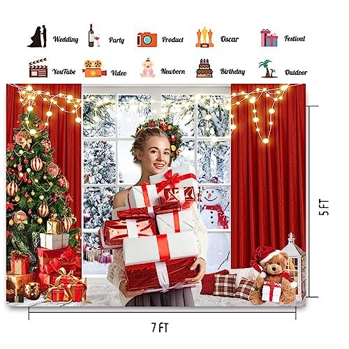 Red Window Background – 7x5FT Christmas Backdrop – Winter Snow – Snow Tree