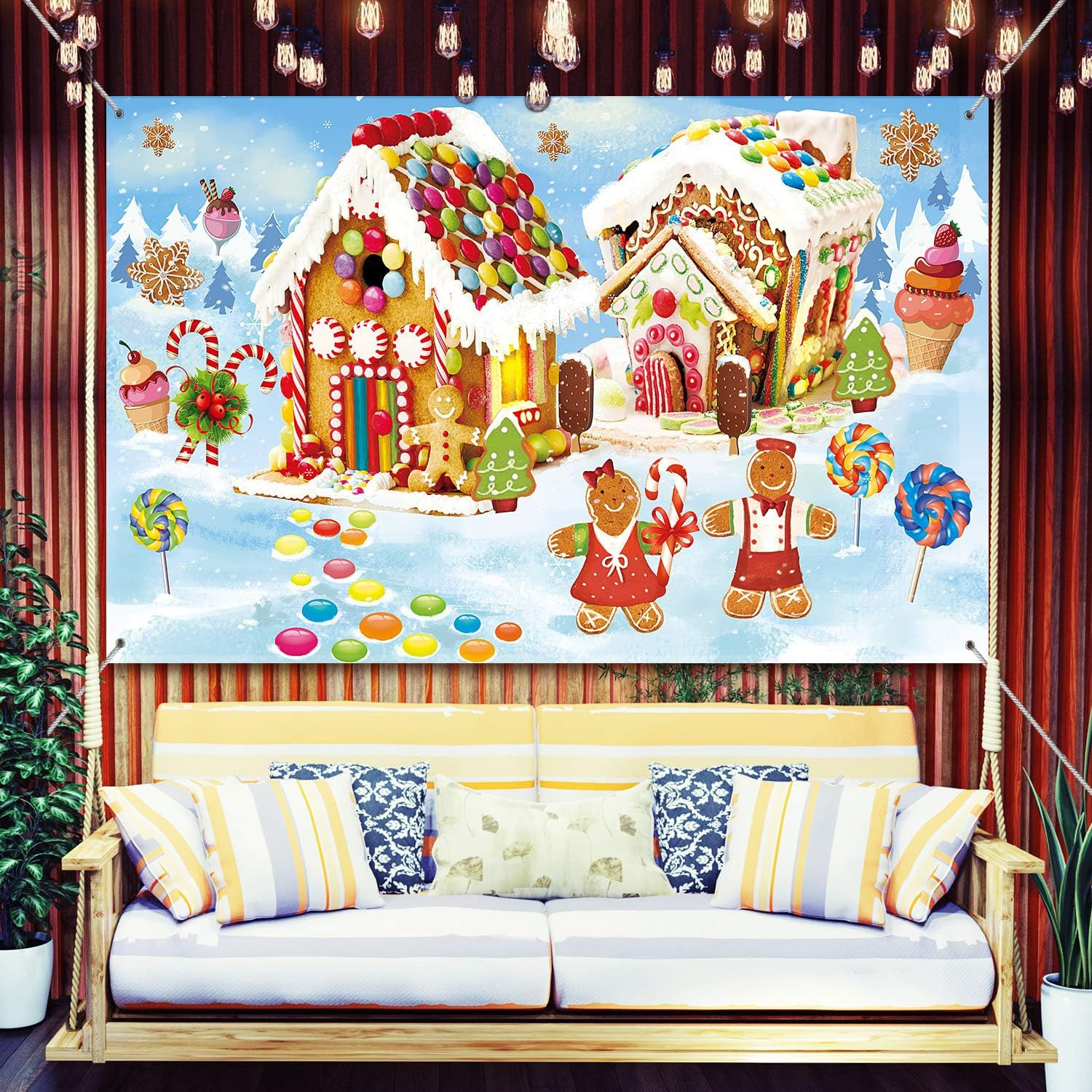 Gingerbread Christmas Backdrop Sweet Holiday Scene XL Fabric Photo Booth Banners