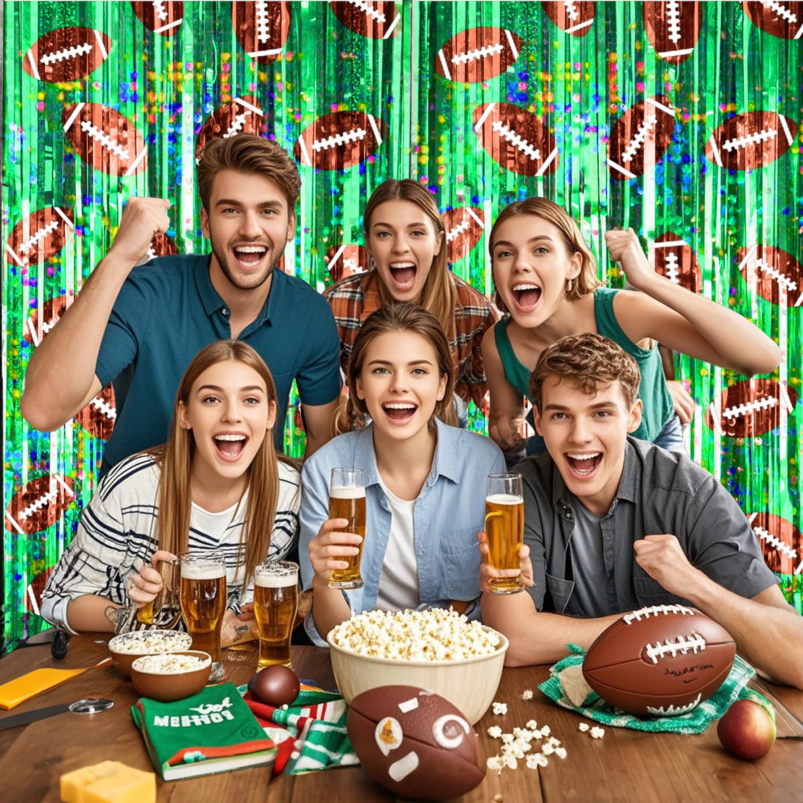 2 Pack Football Party Decorations Tinsel Backdrop Football Foil Fringe Curtains