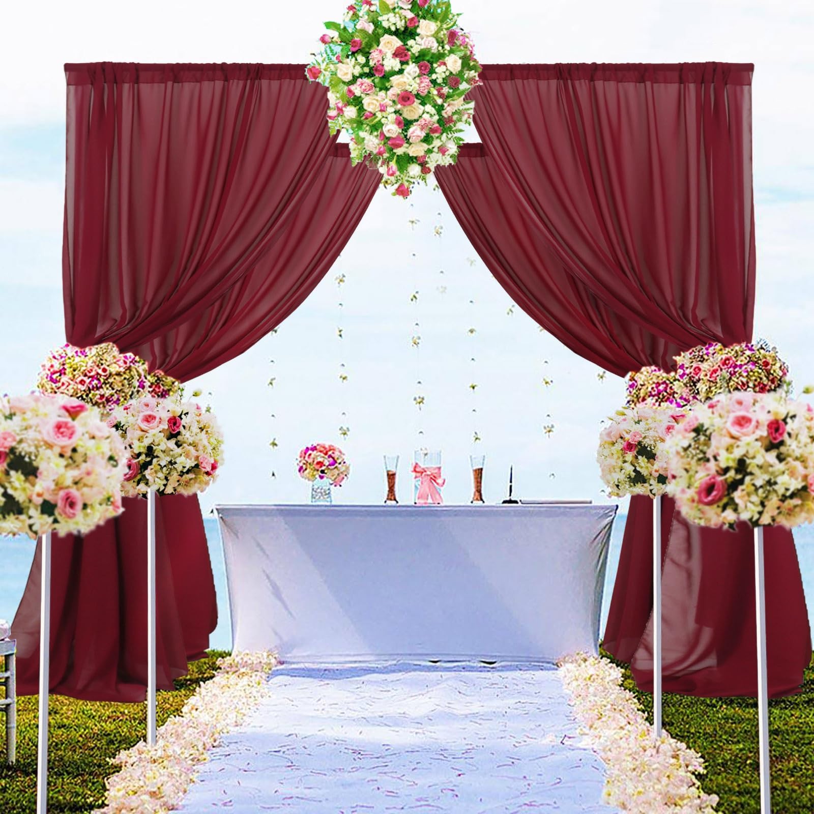 2 Panel Burgundy Chiffon Backdrop Curtain 29×108 Inch Voile Drapes Party