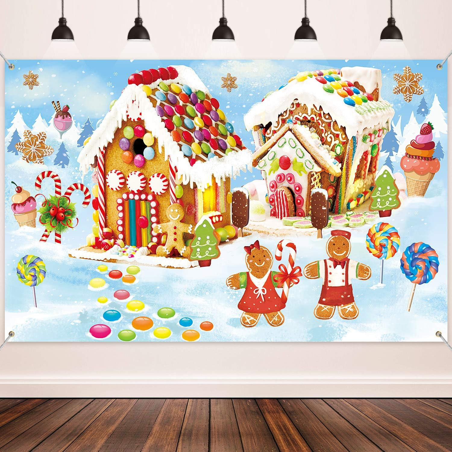 Gingerbread Christmas Backdrop Sweet Holiday Scene XL Fabric Photo Booth Banners