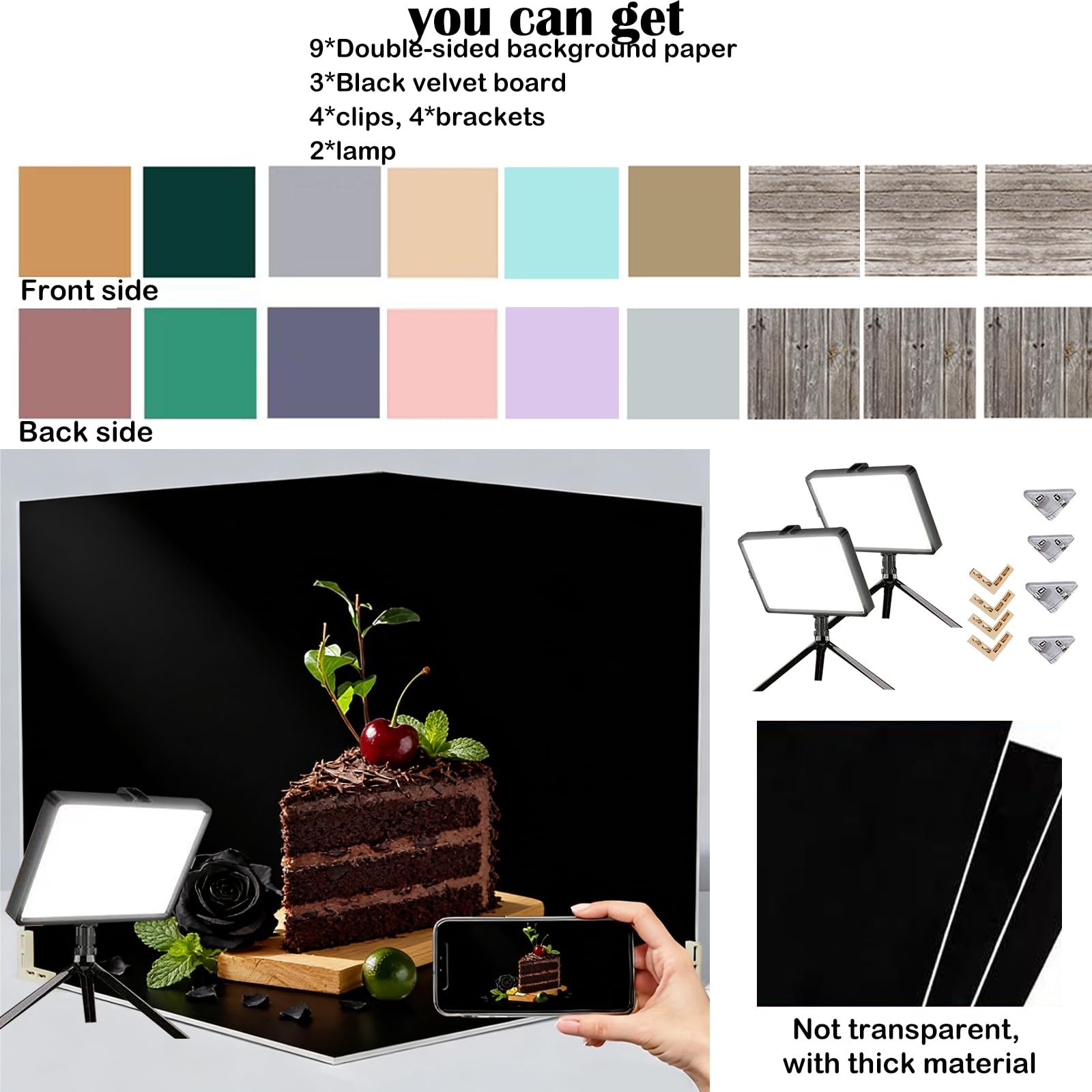 Photo Backdrop Board with 2 LED Lighting Shooting Kit, 14Pcs 28Patterns 16×16…