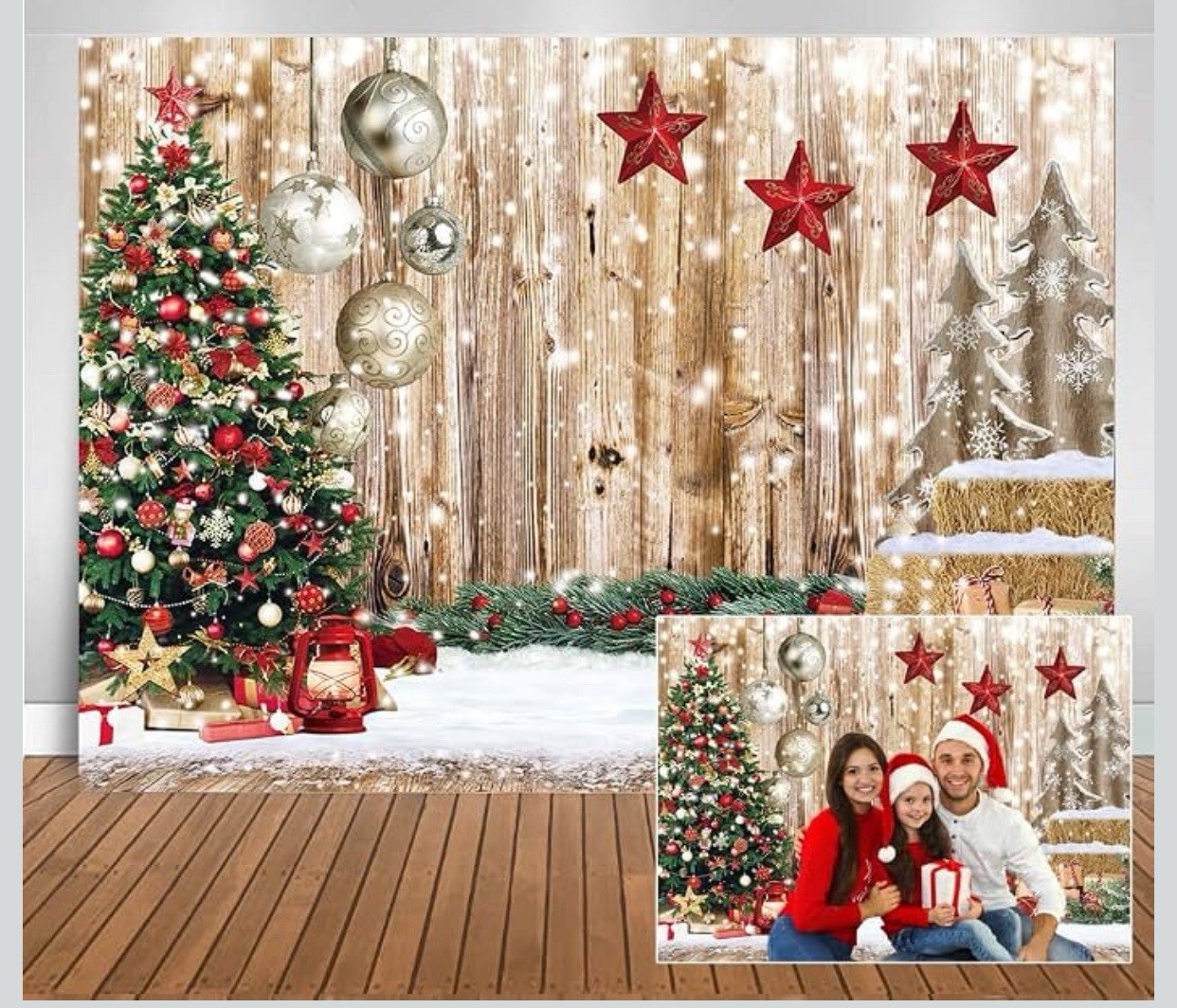 10’X10ft. Rustic Christmas Family photo Background backdrop- Snow, Tree, Gifts